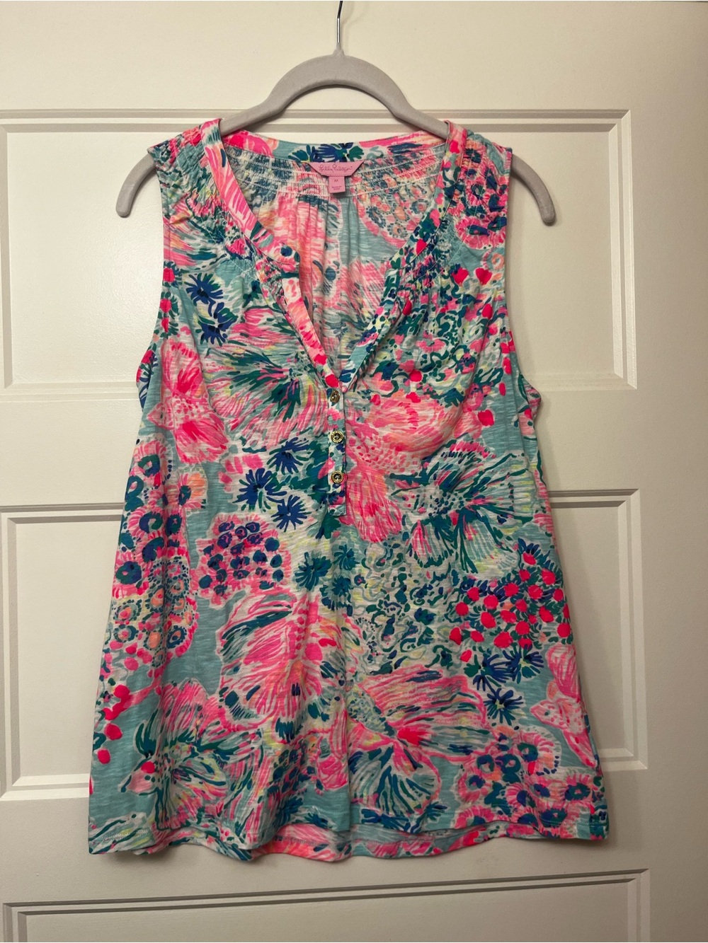 Lilly Pulitzer Pink & Aqua Floral Sleeveless V-Neck Tank